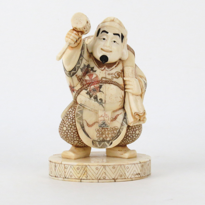 Japanese Carved Bone  Polychrome Daikoku Figurine