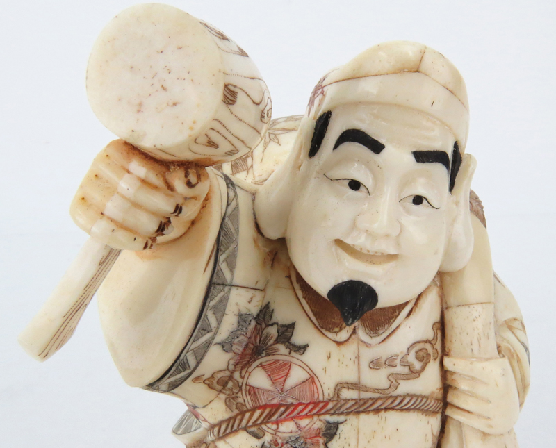 Japanese Carved Bone  Polychrome Daikoku Figurine