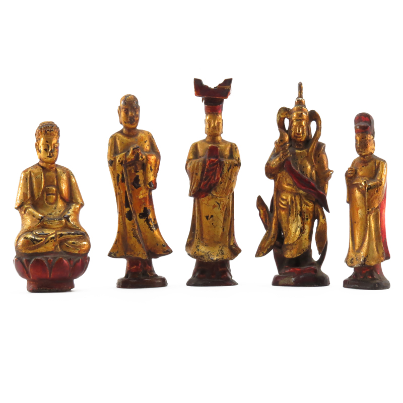 Grouping of Five (5) 19/20th Century Chinese Wood Carved Gilt Painted  Figurines