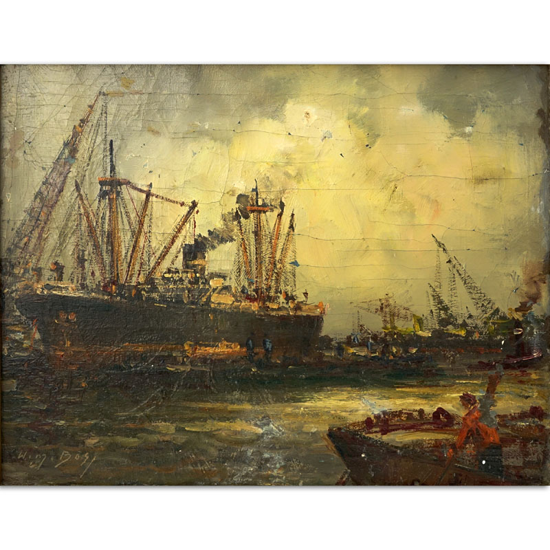 Willem Bos, Dutch (1906-1974) Oil on Canvas "Busy Harbour" Signed Lower Left