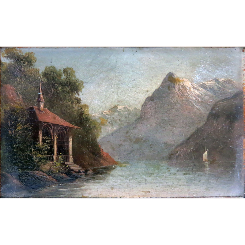 19/20th Century European School "Tell's Chapel, Lake Lucerne" Oil on Board