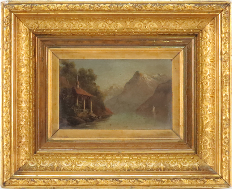 19/20th Century European School "Tell's Chapel, Lake Lucerne" Oil on Board