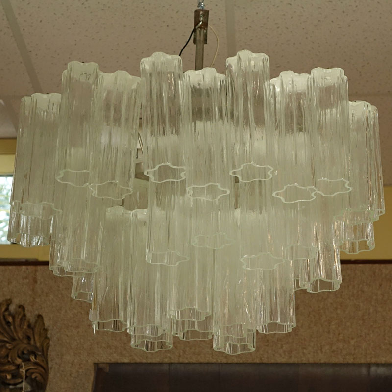 Mid Century Italian Camer Glass Chandelier with Venini Tronchi Hanging Crystals