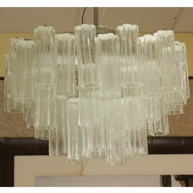 Mid Century Italian Camer Glass Chandelier with Venini Tronchi Hanging Crystals