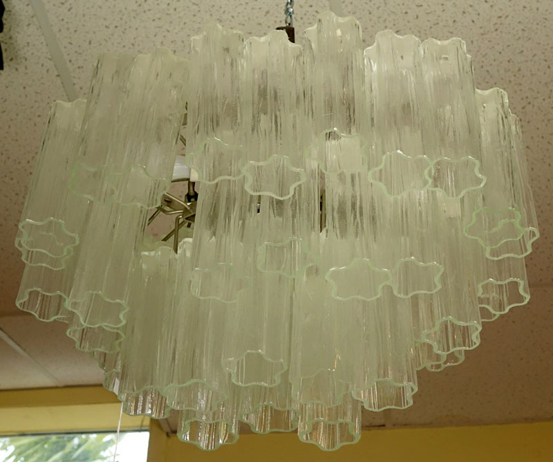 Mid Century Italian Camer Glass Chandelier with Venini Tronchi Hanging Crystals
