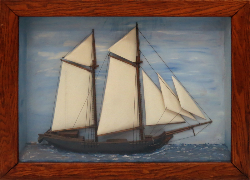 Vintage Ralph Lauren Wood Carved Half Hull Sailing Ship Model in Shadowbox Frame