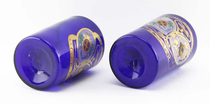 Pair of Cobalt Glass Gilt Painted "Pharmacie Continentale" Apothecary Bottles