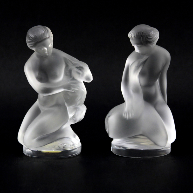 Two (2) Small Lalique Crystal Figures "Girl With Goat and Girl With Swan"