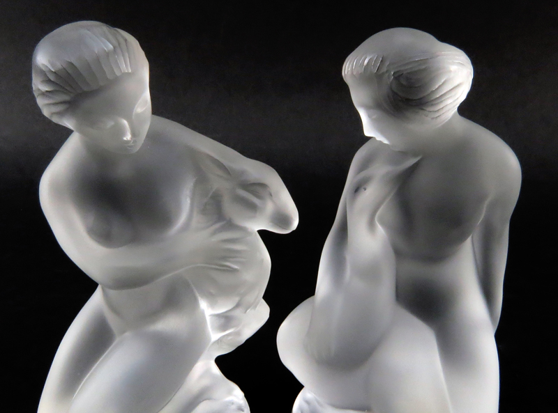 Two (2) Small Lalique Crystal Figures "Girl With Goat and Girl With Swan"