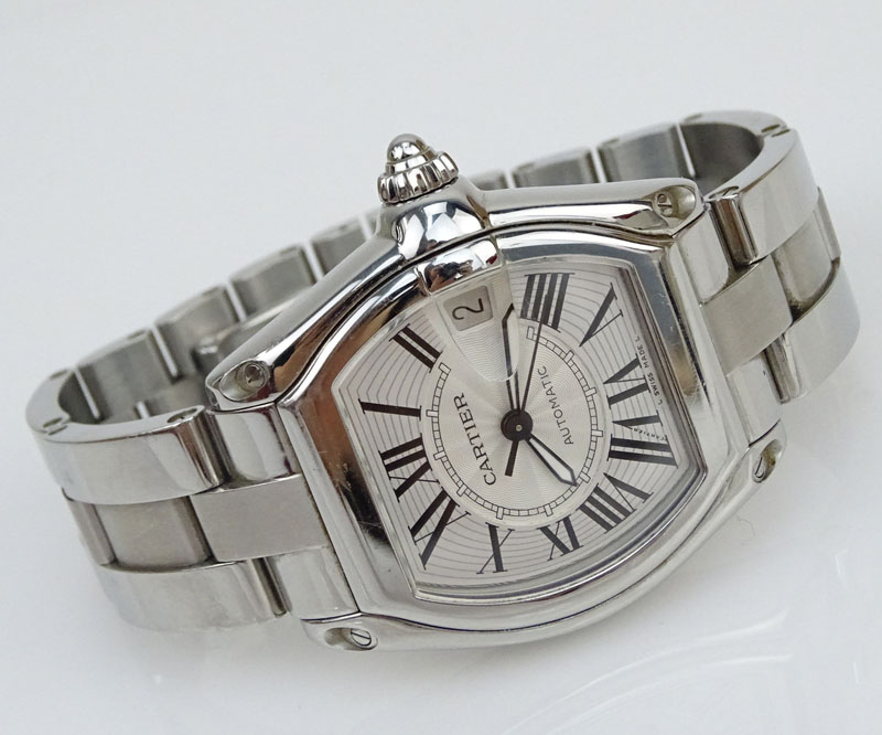 Man's Cartier Roadster 2510 Stainless Steel Bracelet Watch with Automatic Movement and Silver Roman Numeral Dial