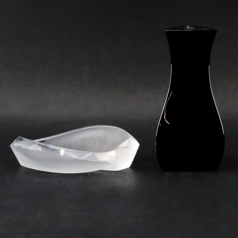 Baccarat Black Glass Vase and Lalique "Phillipines" Ashtray