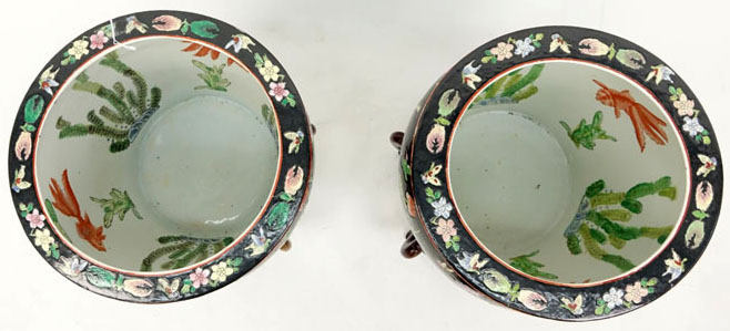 Pair of Vintage Chinese Porcelain Famille Noire Jardiniers/Fish Bowls on Stands