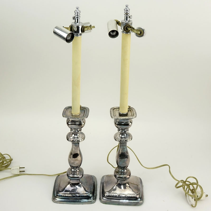 Pair of Vintage Silver Plate Candle Sticks Now As Lamps