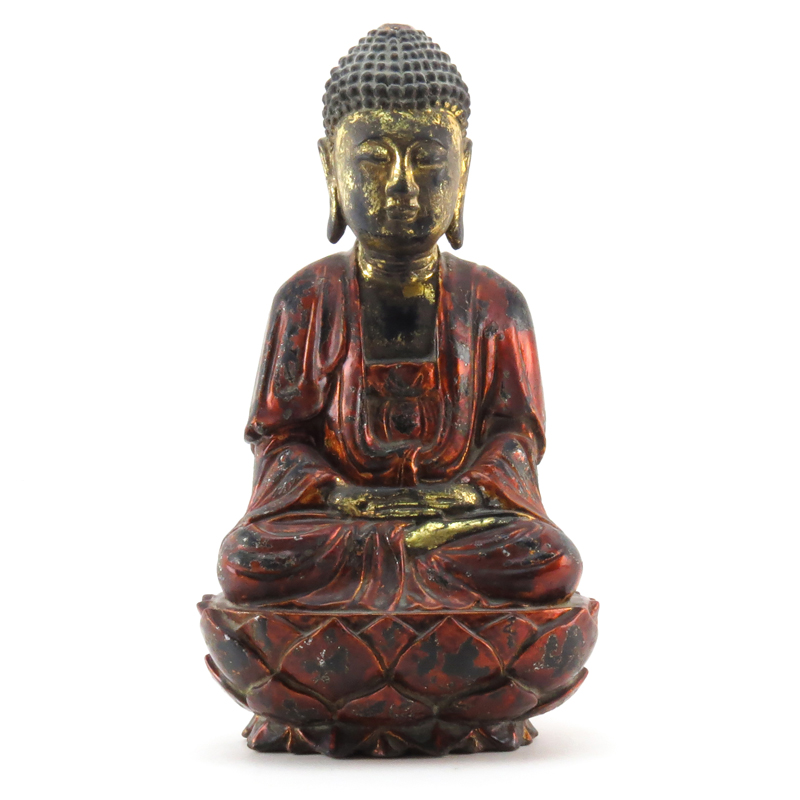 Vintage Carved Wood Hand Painted Seated Buddha Sculpture