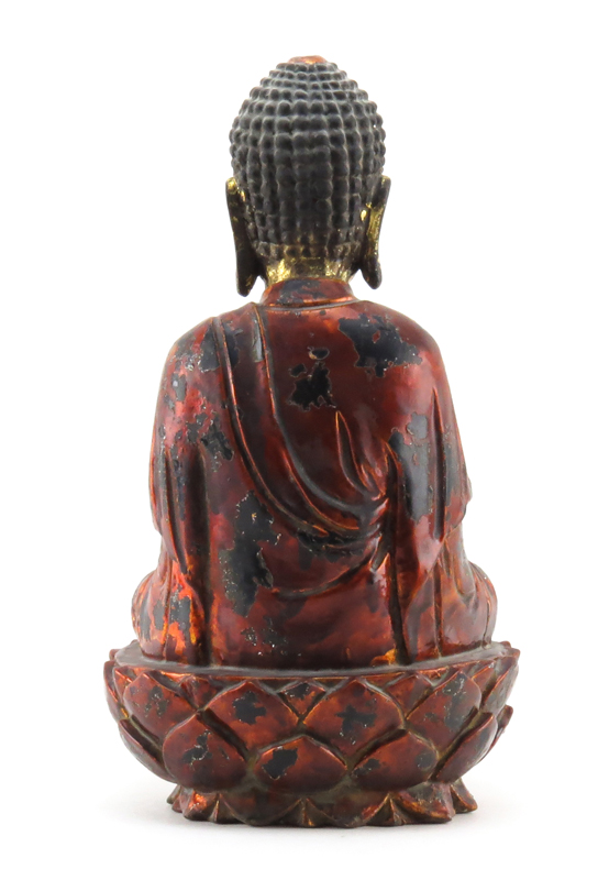 Vintage Carved Wood Hand Painted Seated Buddha Sculpture