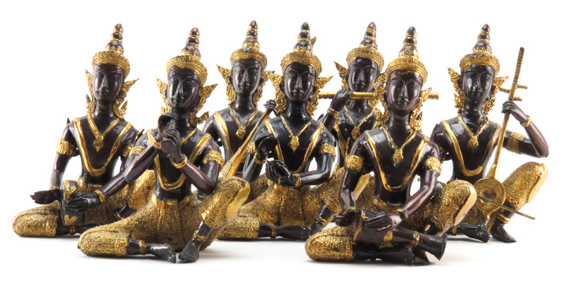 Grouping of Seven (7) Thai  Bronze Gilt Painted Seated Music Players