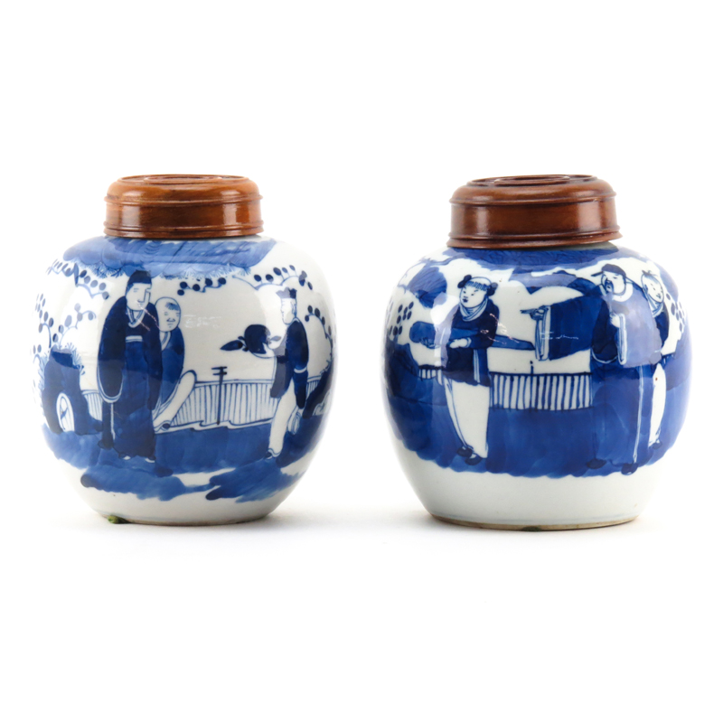 Pair of Chinese Blue and White Porcelain Covered Ginger Jars