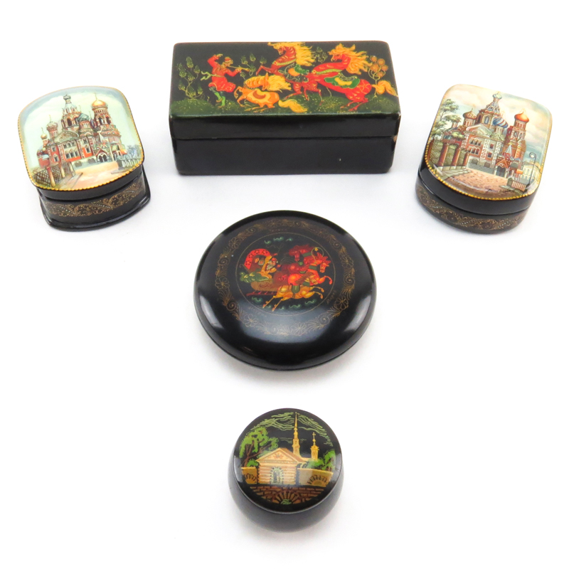 Grouping of Five (5) Vintage Russian Lacquered Wooden Boxes