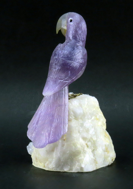 Attributed to: Eberhardt Bank, German (20th century) Carved Amethyst Parrot Sculpture on Quartz Base