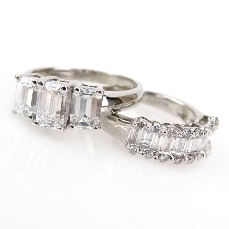 Diamond and 18 Karat White Gold Wedding Set Including a Superb 2.54 Carat Emerald Cut Three Stone Engagement Ring