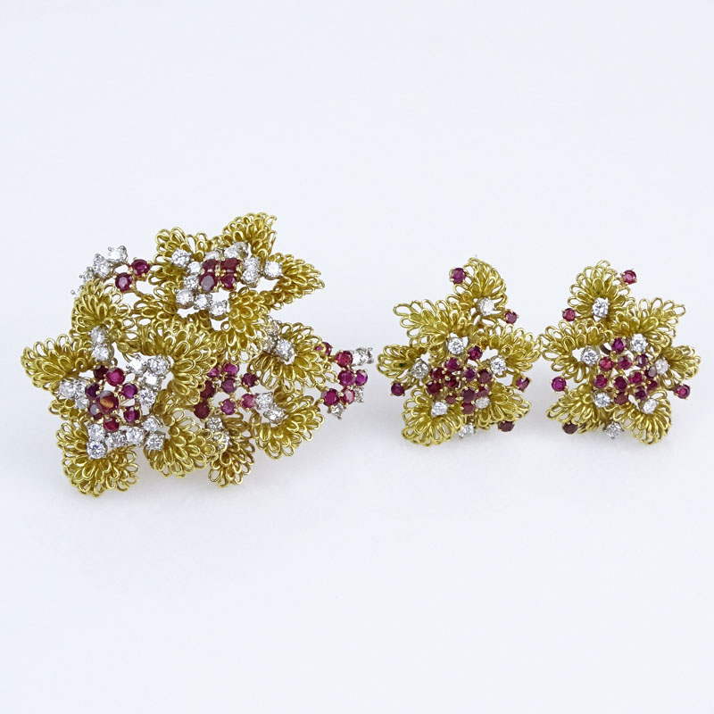 Vintage 18 Karat Yellow Gold, Approx. 3.0 Carat Round Brilliant Cut Diamond and Burma Ruby Brooch and Earring Suite.