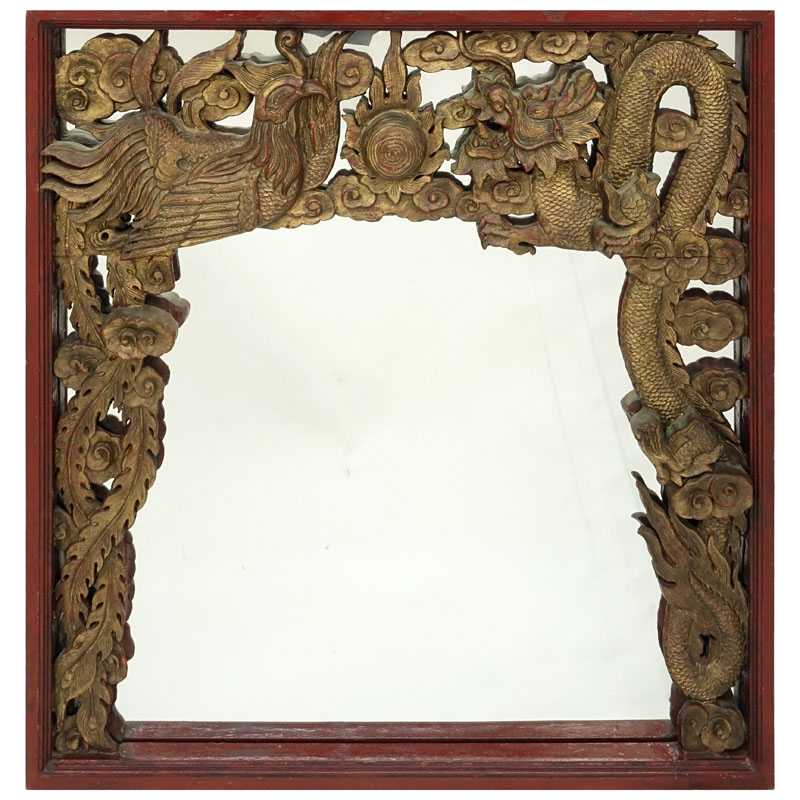 Chinese Hand Carved Painted Wood Frame Wall Mirror