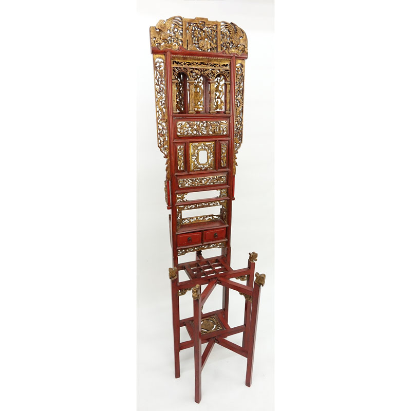 Antique Chinese Open Carved Two Drawer Painted Ceremonial Stand