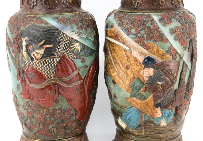 Pair of Antique Japanese High Relief Pottery Vases Mounted as Lamps