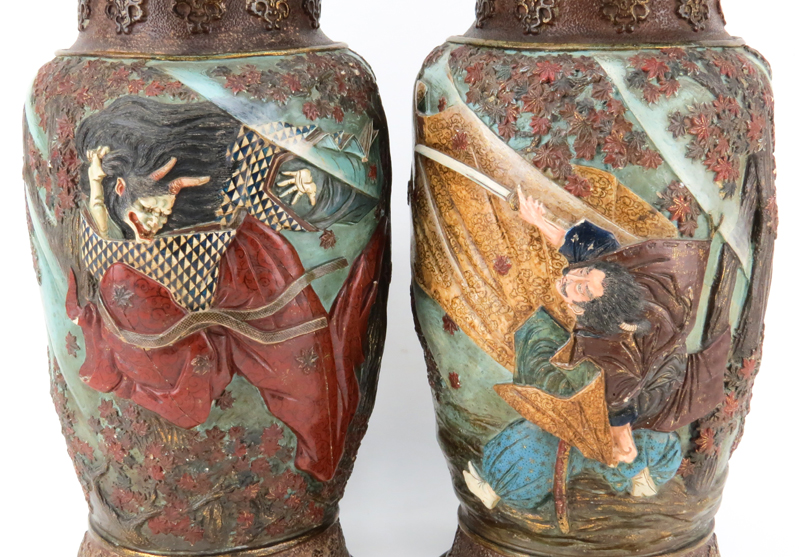 Pair of Antique Japanese High Relief Pottery Vases Mounted as Lamps