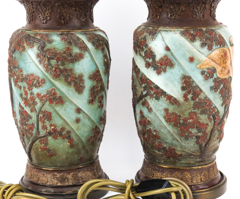 Pair of Antique Japanese High Relief Pottery Vases Mounted as Lamps