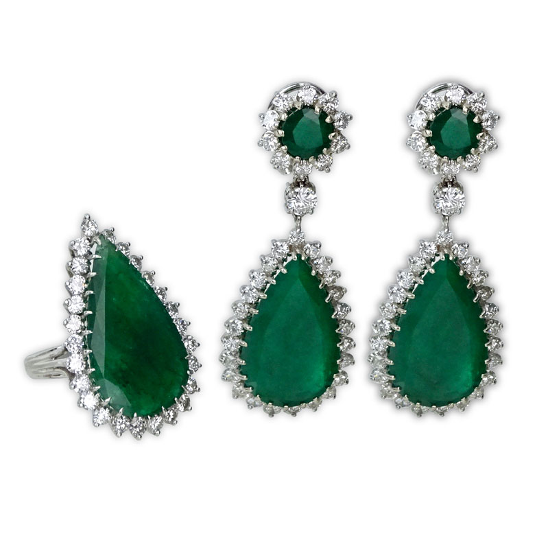 48.17 Carat Emerald, 10.50 Carat Diamond and 14 Karat White Gold Ring and Pendant Earring Suite. 