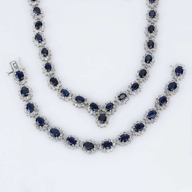 55..75 Carat Oval Cut Sapphire, 10.50 Carat Round Brilliant Cut Diamond and 14 Karat White Gold Necklace and Bracelet Suite. 