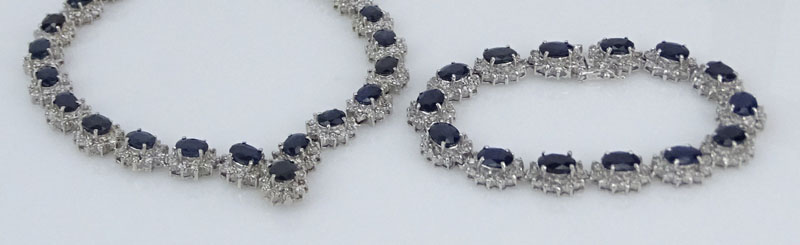 55..75 Carat Oval Cut Sapphire, 10.50 Carat Round Brilliant Cut Diamond and 14 Karat White Gold Necklace and Bracelet Suite. 