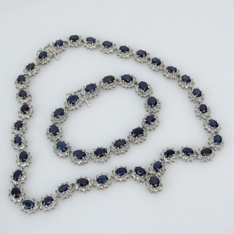 55..75 Carat Oval Cut Sapphire, 10.50 Carat Round Brilliant Cut Diamond and 14 Karat White Gold Necklace and Bracelet Suite. 