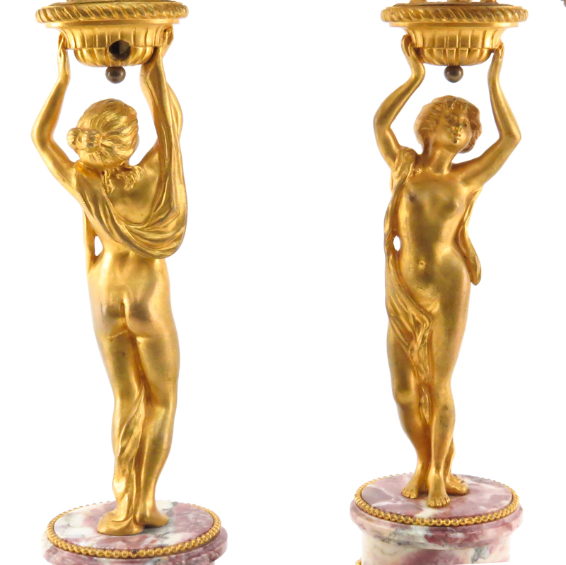 Antique French Gilt Bronze and Marble Three (3) Piece Figural Clock Garniture Set