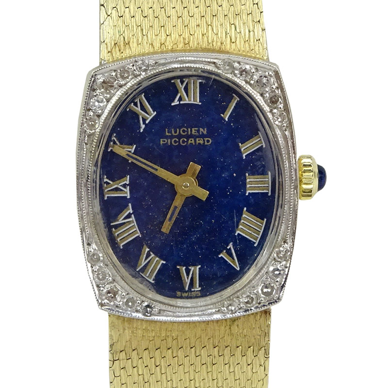 Lady's Vintage Lucien Picard 14 Karat Yellow Gold Bracelet Watch with Lapis Lazuli Dial and Diamond Bezel, Manual Movement