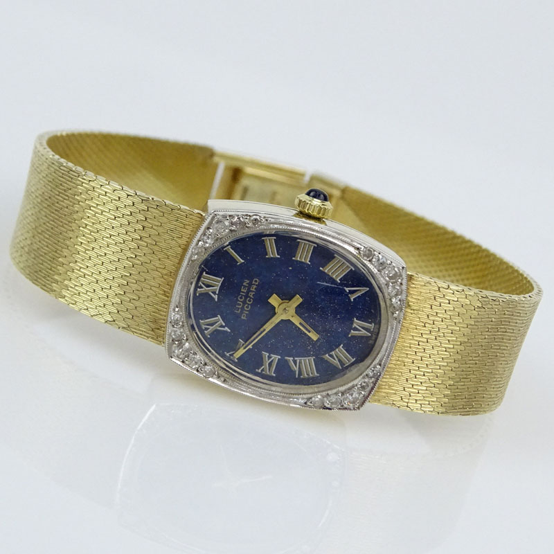 Lady's Vintage Lucien Picard 14 Karat Yellow Gold Bracelet Watch with Lapis Lazuli Dial and Diamond Bezel, Manual Movement