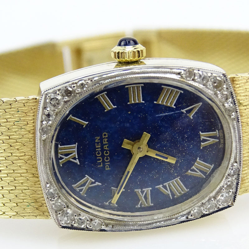 Lady's Vintage Lucien Picard 14 Karat Yellow Gold Bracelet Watch with Lapis Lazuli Dial and Diamond Bezel, Manual Movement