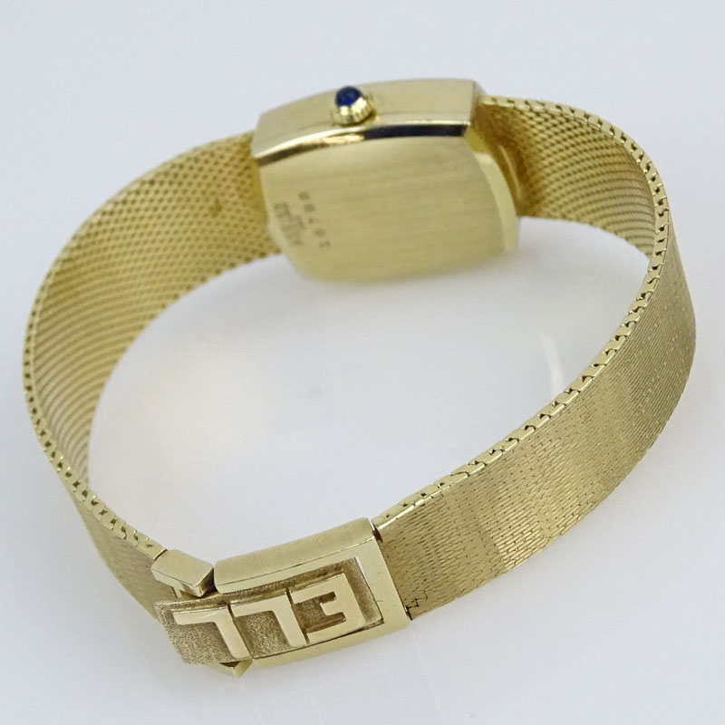 Lady's Vintage Lucien Picard 14 Karat Yellow Gold Bracelet Watch with Lapis Lazuli Dial and Diamond Bezel, Manual Movement