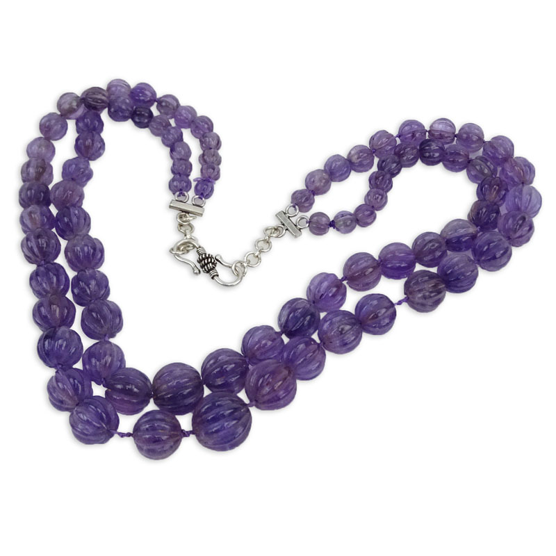 Vintage Double Strand Graduated Carved Amethyst Bead and Sterling Silver Necklace