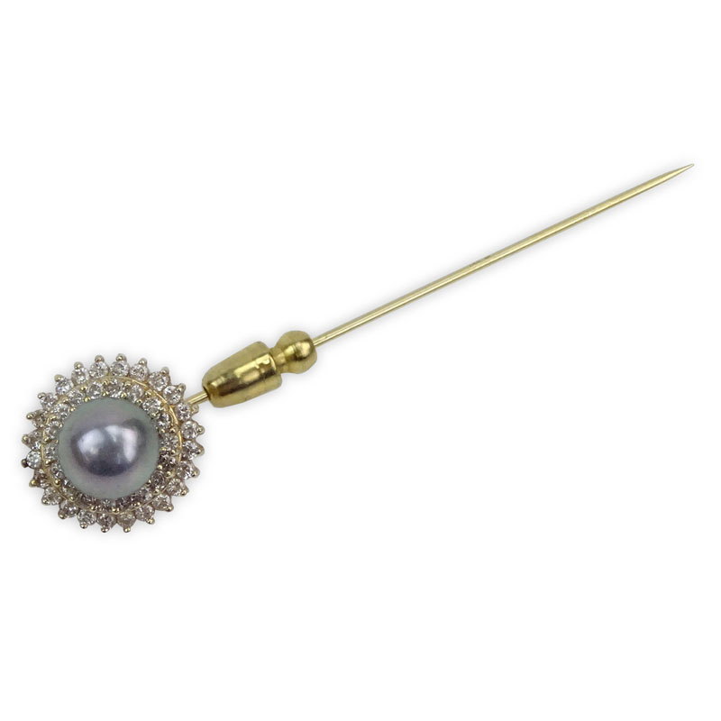 14 Karat Yellow Gold, Diamond and Grey Pearl Stickpin