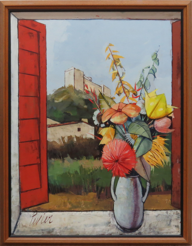 Charles Levier, French  (1920-2003) "Fleurs Devant un Chateau" Oil on Canvas Signed Lower Left