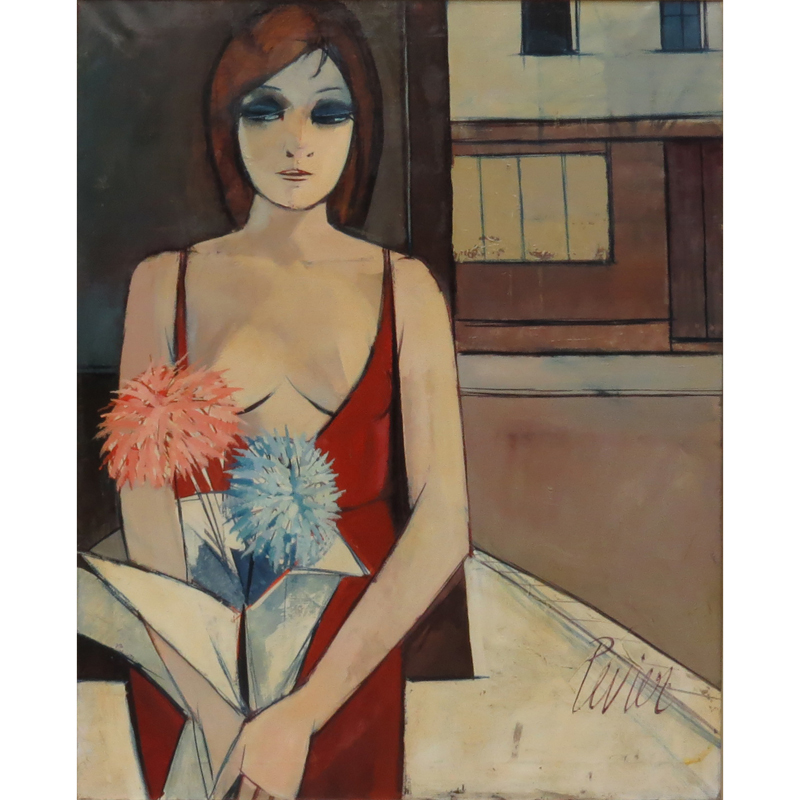 Charles Levier, French  (1920-2003) "Femme Dans La Rue" Oil on Canvas Signed Lower Right