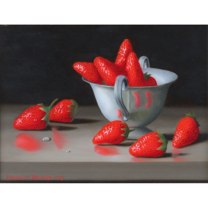 Randolph Brooks, American (20th century) "Strawberries in a Cup" Still Life Oil on Masonite Signed Lower Left