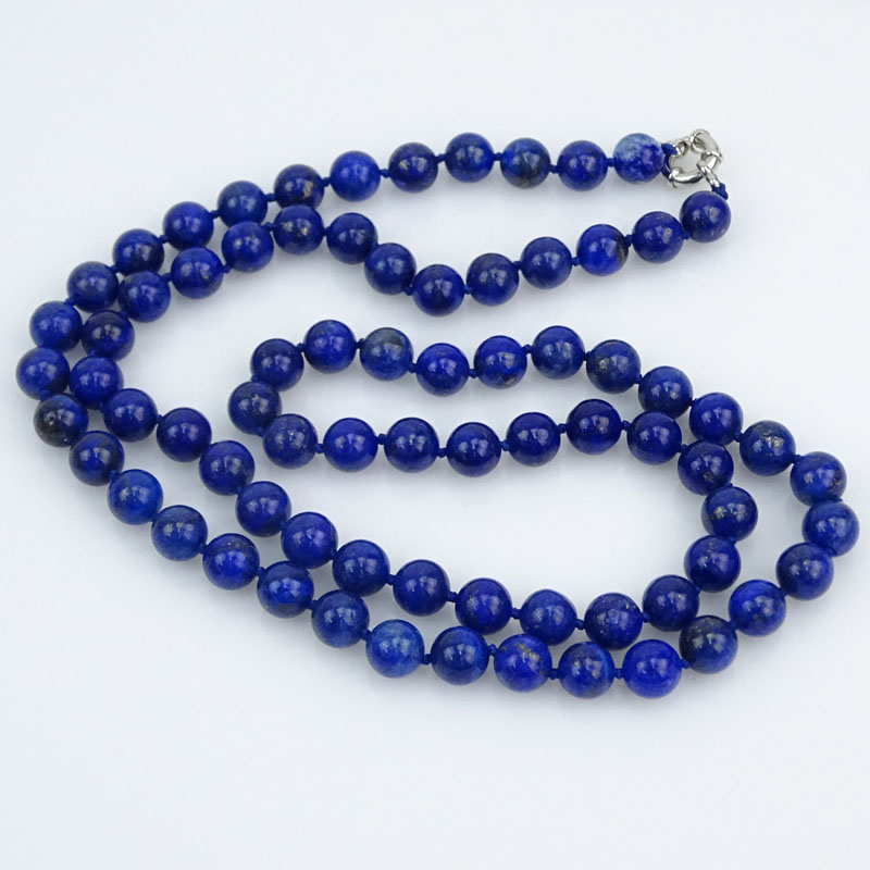 Vintage Single Strand Lapis Lazuli Bead Necklace, white metal clasp