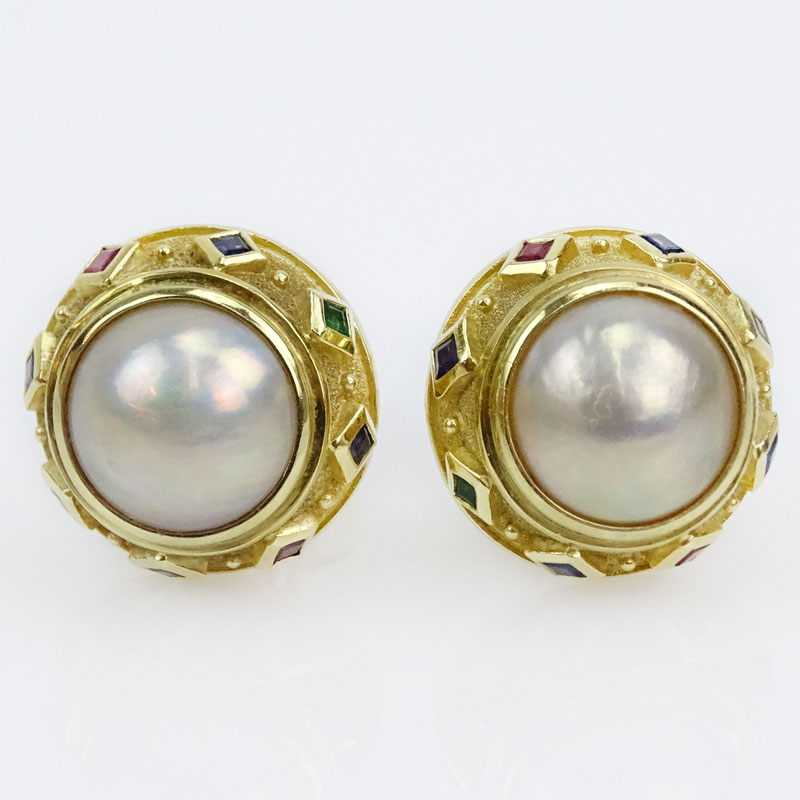 Vintage Bulgari style 14 Karat Yellow Gold and Mabe Pearl Clip Earrings with Ruby, Emerald and Sapphire Accents
