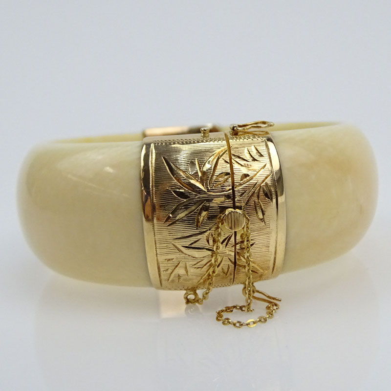 Vintage 14 Karat Yellow Gold Mounted Ivory Bangle Bracelet