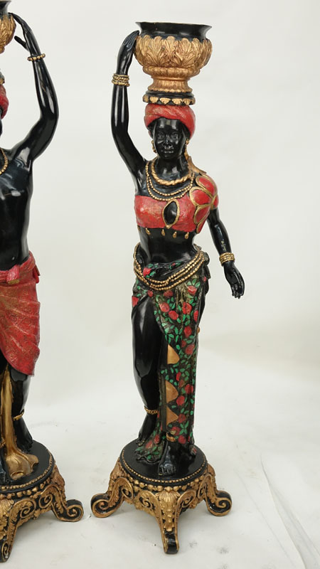 20th Century Pair of Cold Painted Bronze Blackamoors on Parcel Gilt Pedestal Bases