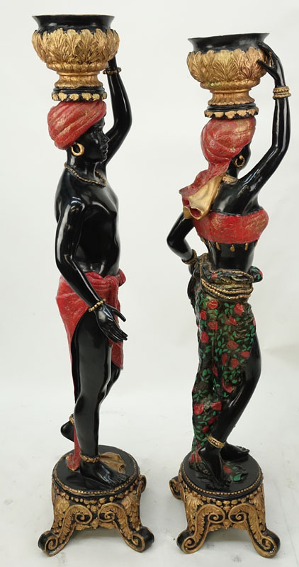 20th Century Pair of Cold Painted Bronze Blackamoors on Parcel Gilt Pedestal Bases