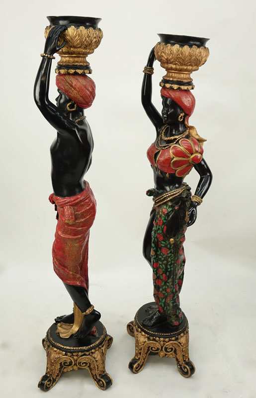 20th Century Pair of Cold Painted Bronze Blackamoors on Parcel Gilt Pedestal Bases